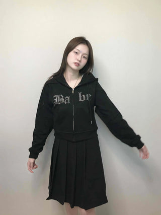 Vintage Gothic Lettering Crop Zip-Up Hoodie