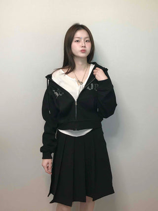 Vintage Gothic Lettering Crop Zip-Up Hoodie