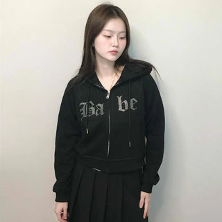 Vintage Gothic Lettering Crop Zip-Up Hoodie