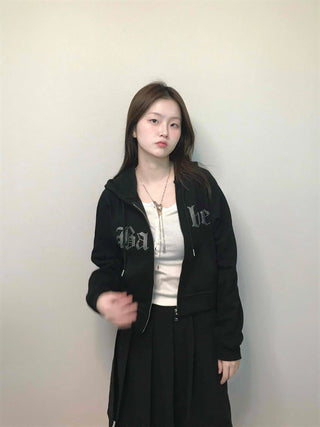 Vintage Gothic Lettering Crop Zip-Up Hoodie