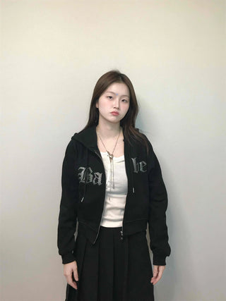 Vintage Gothic Lettering Crop Zip-Up Hoodie