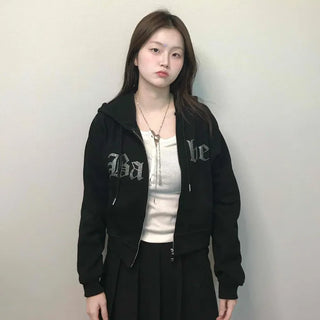 Vintage Gothic Lettering Crop Zip-Up Hoodie