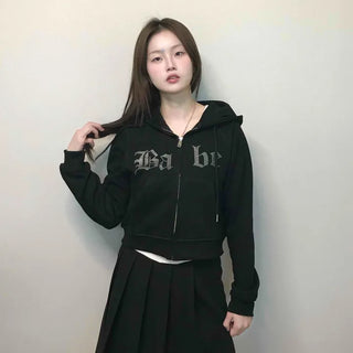 Vintage Gothic Lettering Crop Zip-Up Hoodie