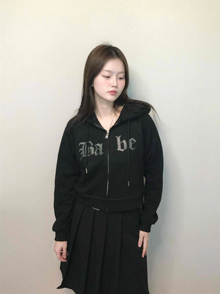 Vintage Gothic Lettering Crop Zip-Up Hoodie