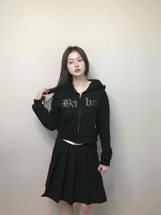 Vintage Gothic Lettering Crop Zip-Up Hoodie
