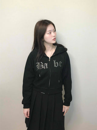 Vintage Gothic Lettering Crop Zip-Up Hoodie