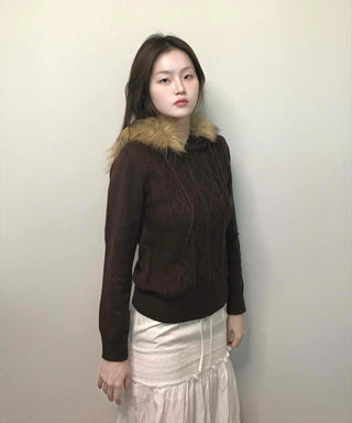Merino wool turtleneck slim-fit zip-up raccoon fur