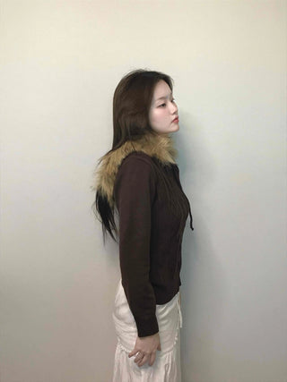Merino wool turtleneck slim-fit zip-up raccoon fur