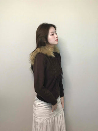Merino wool turtleneck slim-fit zip-up raccoon fur