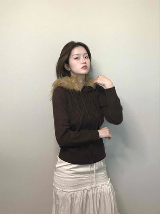 Merino wool turtleneck slim-fit zip-up raccoon fur