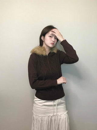 Merino wool turtleneck slim-fit zip-up raccoon fur
