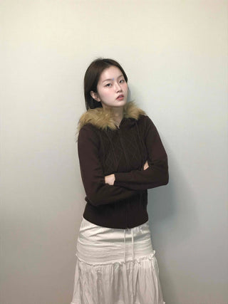 Merino wool turtleneck slim-fit zip-up raccoon fur