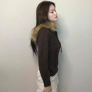 Merino wool turtleneck slim-fit zip-up raccoon fur