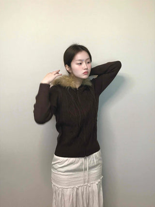 Merino wool turtleneck slim-fit zip-up raccoon fur