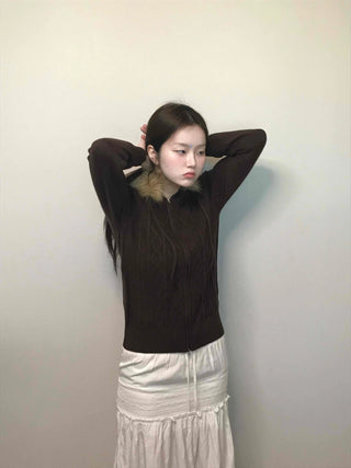 Merino wool turtleneck slim-fit zip-up raccoon fur