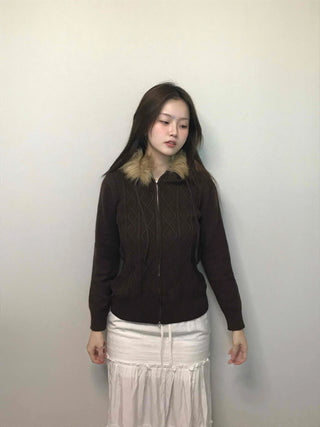 Merino wool turtleneck slim-fit zip-up raccoon fur