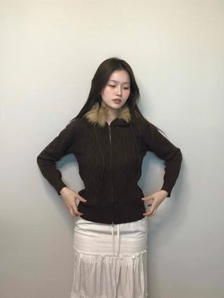 Merino wool turtleneck slim-fit zip-up raccoon fur