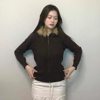 Merino wool turtleneck slim-fit zip-up raccoon fur