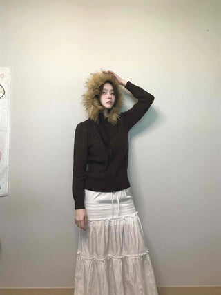 Merino wool turtleneck slim-fit zip-up raccoon fur