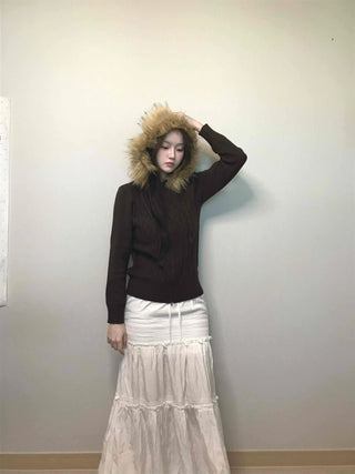 Merino wool turtleneck slim-fit zip-up raccoon fur