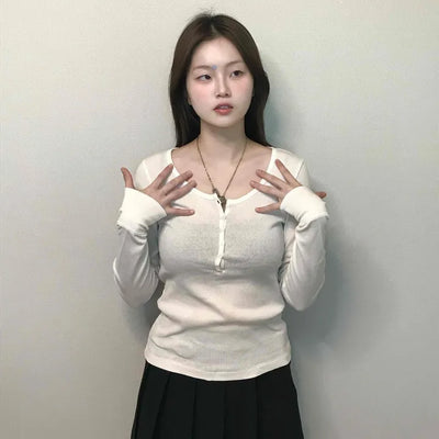 Soft Collar Knit Bodyline Button Long Sleeve T-shirt