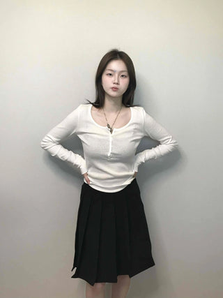 Soft Collar Knit Bodyline Button Long Sleeve T-shirt