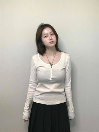 Soft Collar Knit Bodyline Button Long Sleeve T-shirt