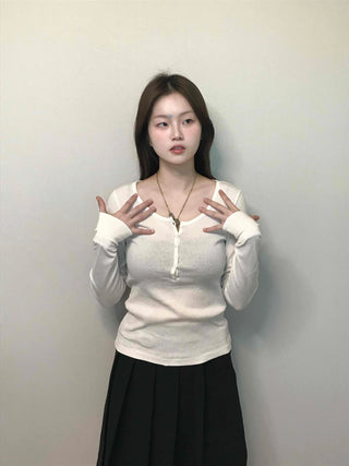Soft Collar Knit Bodyline Button Long Sleeve T-shirt