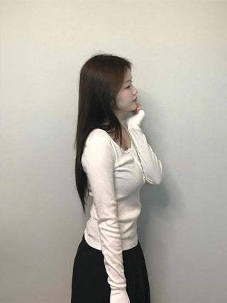 Soft Collar Knit Bodyline Button Long Sleeve T-shirt