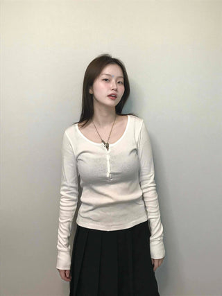Soft Collar Knit Bodyline Button Long Sleeve T-shirt