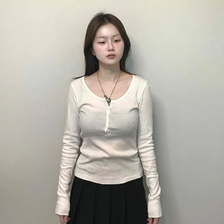 Soft Collar Knit Bodyline Button Long Sleeve T-shirt