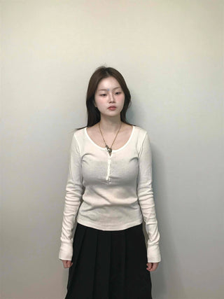 Soft Collar Knit Bodyline Button Long Sleeve T-shirt