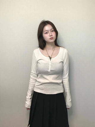 Soft Collar Knit Bodyline Button Long Sleeve T-shirt