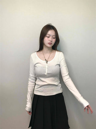 Soft Collar Knit Bodyline Button Long Sleeve T-shirt