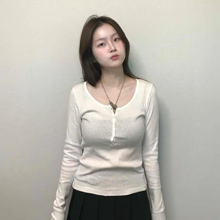 Soft Collar Knit Bodyline Button Long Sleeve T-shirt