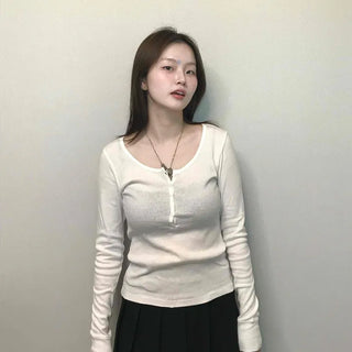 Soft Collar Knit Bodyline Button Long Sleeve T-shirt