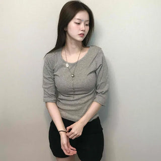 Simple U-Neck Ribbed Pigment Short Sleeve T-Shirt