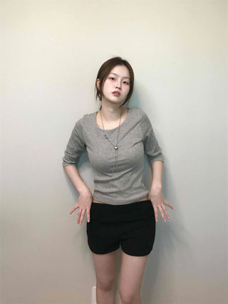 Simple U-Neck Ribbed Pigment Short Sleeve T-Shirt