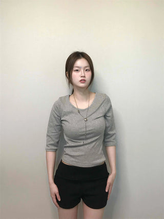 Simple U-Neck Ribbed Pigment Short Sleeve T-Shirt