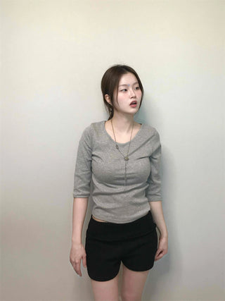 Simple U-Neck Ribbed Pigment Short Sleeve T-Shirt