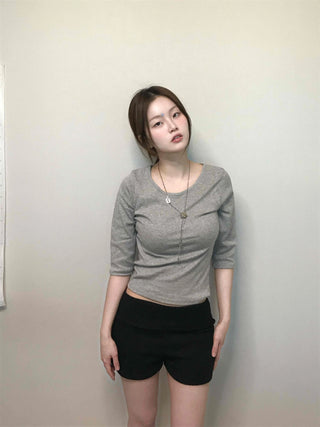 Simple U-Neck Ribbed Pigment Short Sleeve T-Shirt