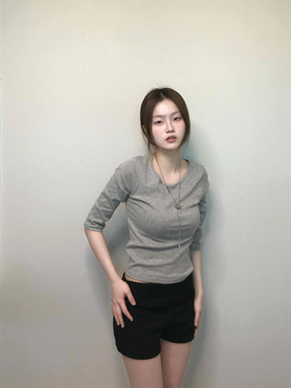 Simple U-Neck Ribbed Pigment Short Sleeve T-Shirt