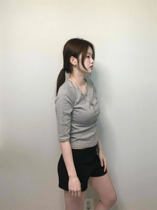 Simple U-Neck Ribbed Pigment Short Sleeve T-Shirt