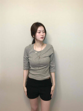 Simple U-Neck Ribbed Pigment Short Sleeve T-Shirt