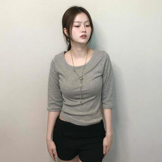 Simple U-Neck Ribbed Pigment Short Sleeve T-Shirt