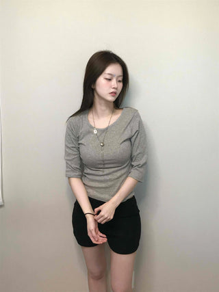 Simple U-Neck Ribbed Pigment Short Sleeve T-Shirt