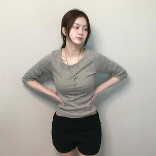 Simple U-Neck Ribbed Pigment Short Sleeve T-Shirt