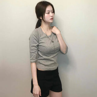 Simple U-Neck Ribbed Pigment Short Sleeve T-Shirt
