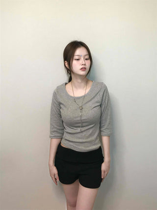 Simple U-Neck Ribbed Pigment Short Sleeve T-Shirt