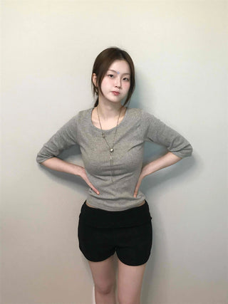 Simple U-Neck Ribbed Pigment Short Sleeve T-Shirt